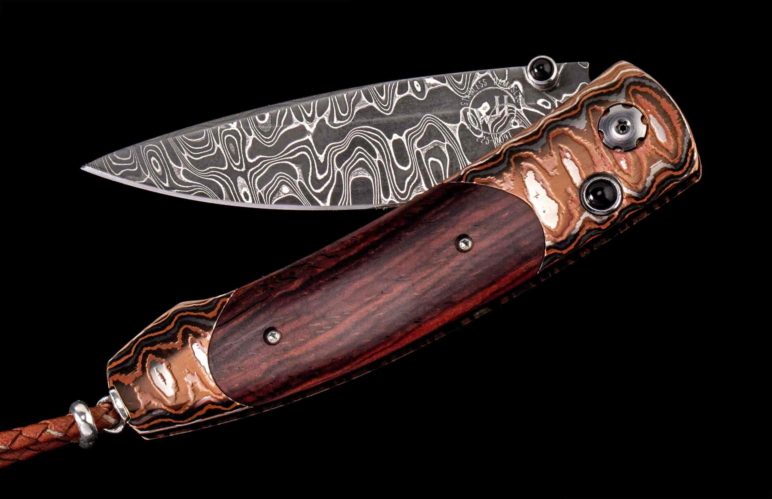 Flare Chef Knife Set, Rainbow Damascus Blades, Cocobolo & black Lip Pearl  Handle, Red Maple Display by William Henry
