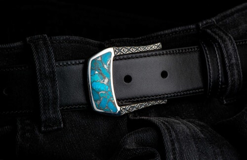 Sterling Silver & Inlaid Turquoise Western Tool Engraved Leather Belt Buckle  Strap