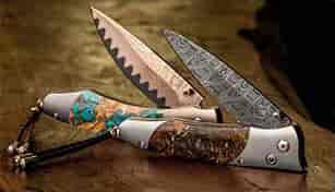 Flare Chef Knife Set, Rainbow Damascus Blades, Cocobolo & black