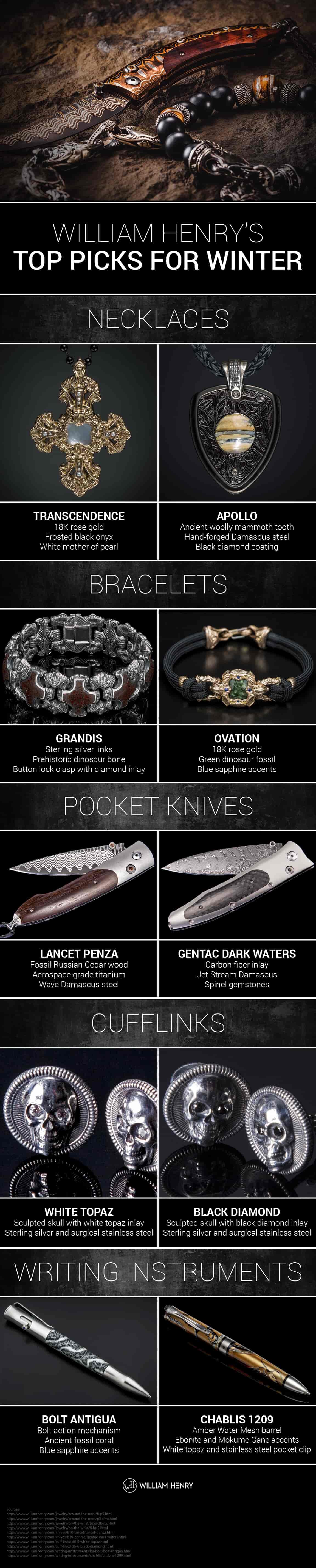 william henry top necklaces, bracelets, pocket knives, and cufflinks for winter