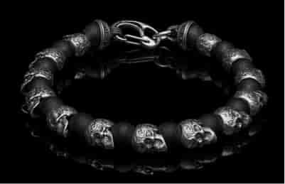 William Henry black Onyx bead bracelet with sterling silver skulls